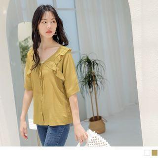Frill Trim Short Sleeve Lace-up Blouse