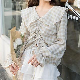 Bell-sleeve Drawstring Plaid Top