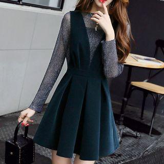 Set: Glittered Long-sleeve Top + A-line Pinafore Dress