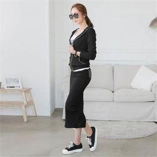 Set: Contrast-trim Hoodie + Slit-back Midi Skirt