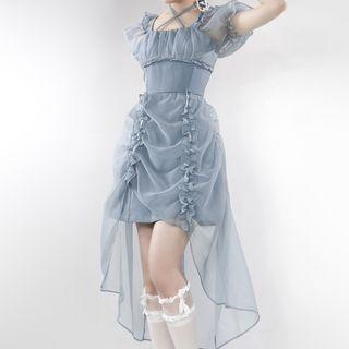 Flower Trim Lapel Mesh Waist Puff-sleeve Sheath Dress