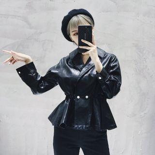 Faux Leather Double-breasted Peplum Jacket Black - One Size