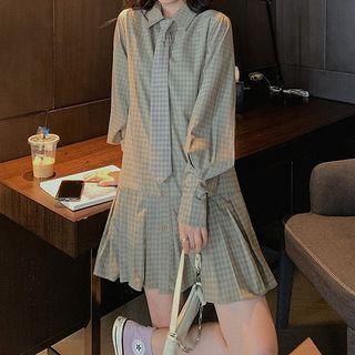 Plaid Lapel Single-breasted Accordion Pleat Shirtdress