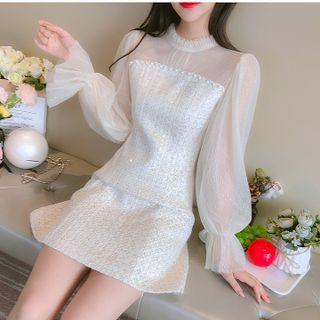 Bell Sleeve Mesh-panel Tweed Panel A-line Dress