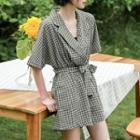 Elbow-sleeve Notch Lapel Gingham Romper Olive Green - One Size