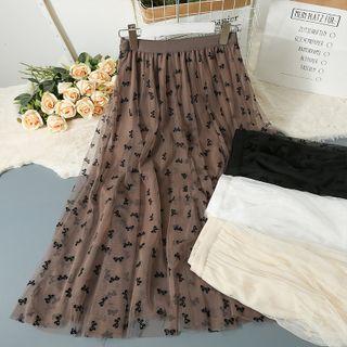 Ribbon-print Mesh Midi Skirt
