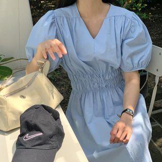 Puff Sleeve V-neck Plain Dress