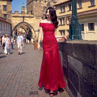 Off-shoulder Short-sleeve Embellished Sheath Evening Gown