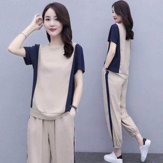 Set: Short-sleeve Two-tone T-shirt + Harem Pants