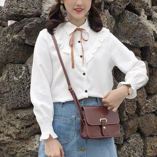 Ruffle Trim Bell-sleeve Tie-neck Blouse