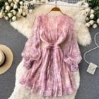 V-neck Floral Puff-sleeve Chiffon Dress