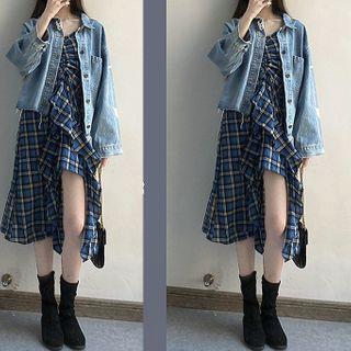 Lettering Denim Jacket / Spaghetti Strap Plaid Midi Dress