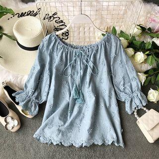 Floral Embroidered Tassel-detail Lace Blouse