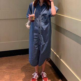 Elbow-sleeve Denim Midi Shirtdress Blue - One Size