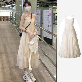 Spaghetti Strap Ruffled A-line Dress / Cardigan