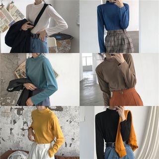 Turtleneck Plain Long Sleeves T-shirt