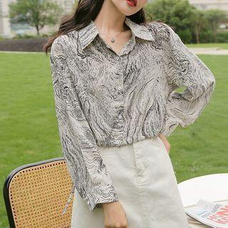 Printed Drawstring Waist Blouse Gray - One Size