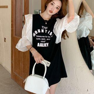 Puff-sleeve Lettering Mini Dress