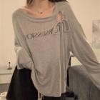 Long-sleeve Cutout Lettering Top Gray - One Size