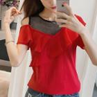 Cut Out Shoulder Frilled Short-sleeve Top