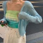 Plain Knit Cardigan / Tie-dye Off-shoulder Crop Top