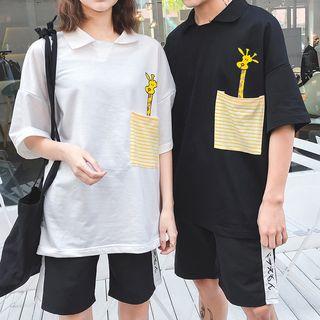 Couple Matching Giraffe Print Elbow-sleeve Polo Shirt / Shorts