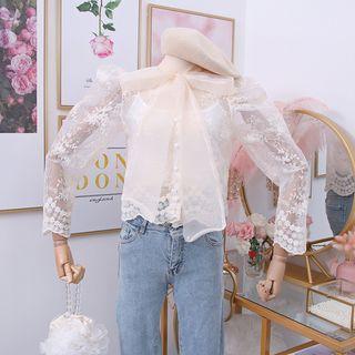 Ribbon-neckline Embroidered Mesh Top With Camisole