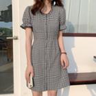 Short-sleeve Checker Buttoned A-line Mini Dress