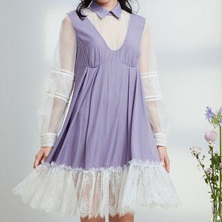 Collared Lace Panel Long-sleeve A-line Dress