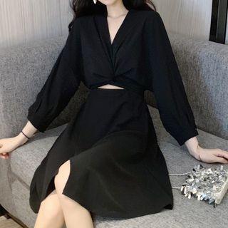 3/4-sleeve Front Knot Asymmetric A-line Dress