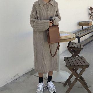 Collared Long-sleeve Chunky Knit Dress