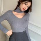 Plain Mock-neck Cutout Long-sleeve Knitted Top