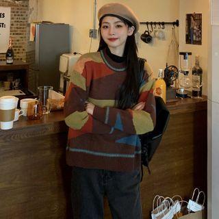 Round-neck Argyle Knit Sweater Brown - One Size