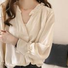 Ruffle Trim Long Sleeve V-neck Top