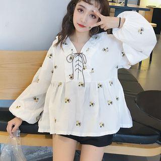 Lace-up Flower Embroidered Blouse