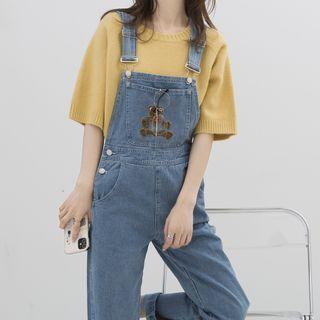 Cartoon Bear Embroidered Denim Jumper Pants