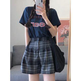 Short-sleeve Numbering T-shirt / Plaid Shorts