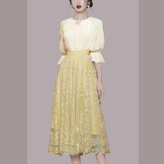 Set: Short-sleeve Plain Blouse + Lace Midi Skirt
