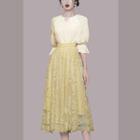 Set: Short-sleeve Plain Blouse + Lace Midi Skirt