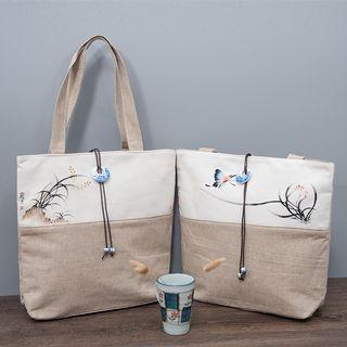 Color-block Printed Cotton Linen Tote