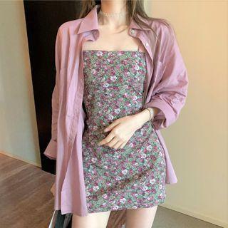 Spaghetti Strap Floral Print Mini Dress / Plain Shirt