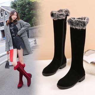 Velvet Faux Fur-panel Knee-high Boots