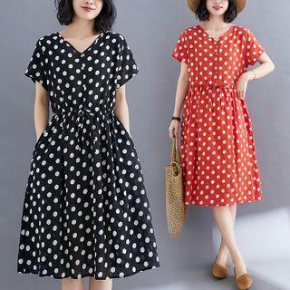 Short-sleeve Dotted V-neck Midi A-line Dress