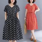 Short-sleeve Dotted V-neck Midi A-line Dress