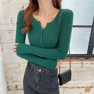 V-neck Buttoned Rib-knit Top