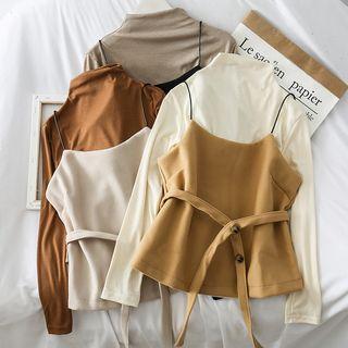 Set: Mock-neck Top + Wool Camisole With Sash