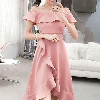 Asymmetric Off-shoulder Ruffled-trim A-line Dress