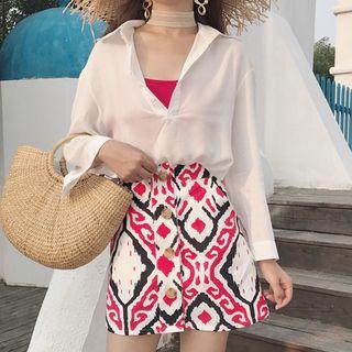 Plain Half Placket Shirt / Camisole Top / Patterned A-line Skirt