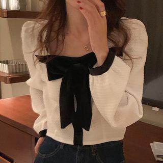 Bow Puff-sleeve Blouse White - One Size
