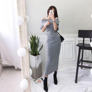 Off-shoulder Long Knit Dress With Belt
